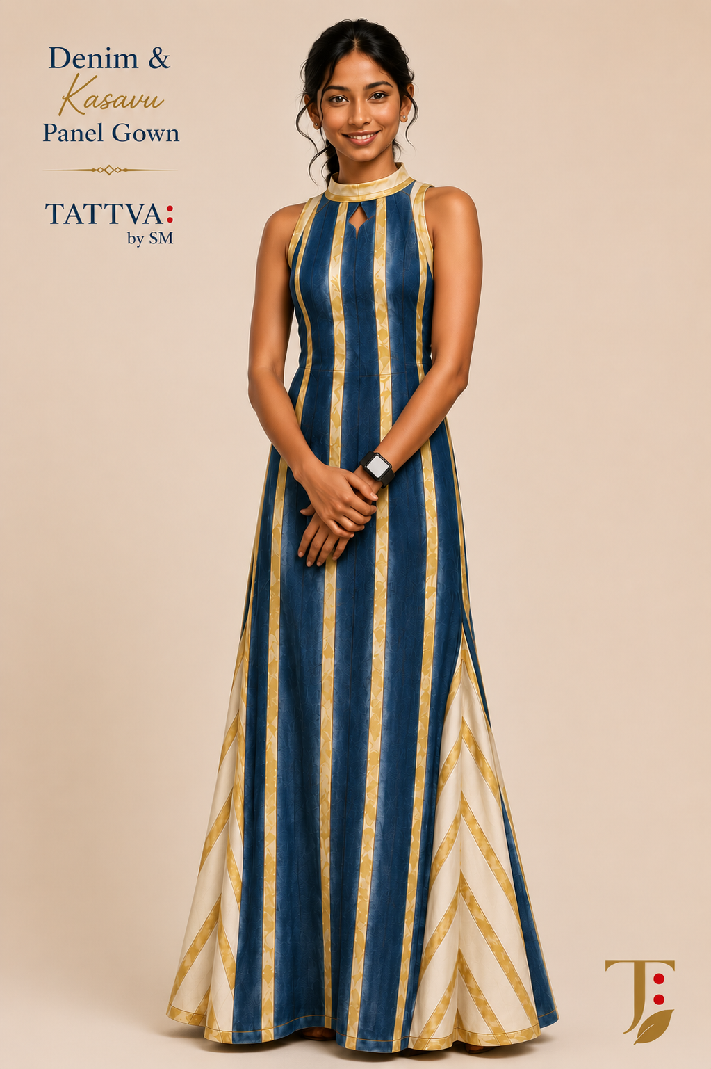 Denim and Kasavu Panel Gown